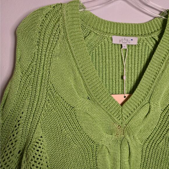 NEW Pearl By Lela Rose Cable V-Neck Sweater XS Pistachio Green Classic Layering - Picture 3 of 9